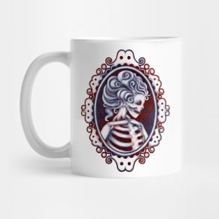 White Skeleton Girl in Frame with Red and Blue Background Cameo Mug